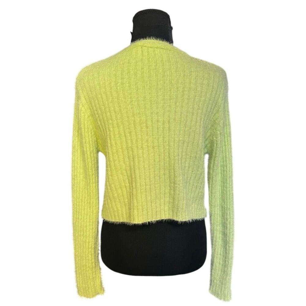 Nasty Gal Fuzzy Knit Cropped Cardigan Lime Green Ribbed Button Front Sweater M - Picture 4 of 7